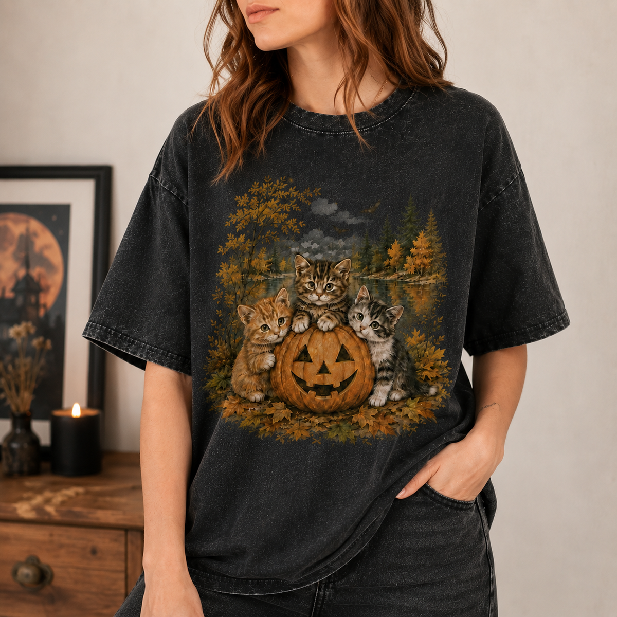 Vintage Halloween Kittens & Pumpkin Graphic Tee