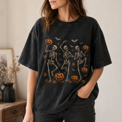 Vintage Wash Skeleton & Pumpkin Halloween Tee