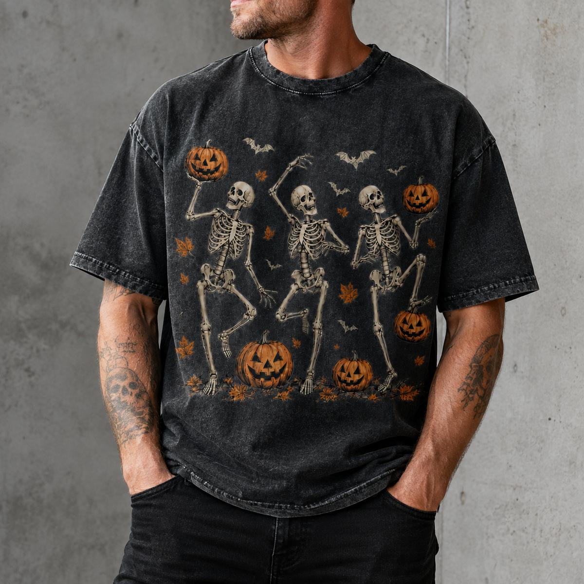 Vintage Wash Skeleton & Pumpkin Halloween Tee