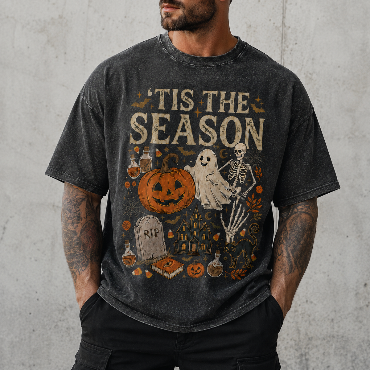 Retro Halloween Comfortable Color Shirt Skull Ghost DTG Print T-shirt