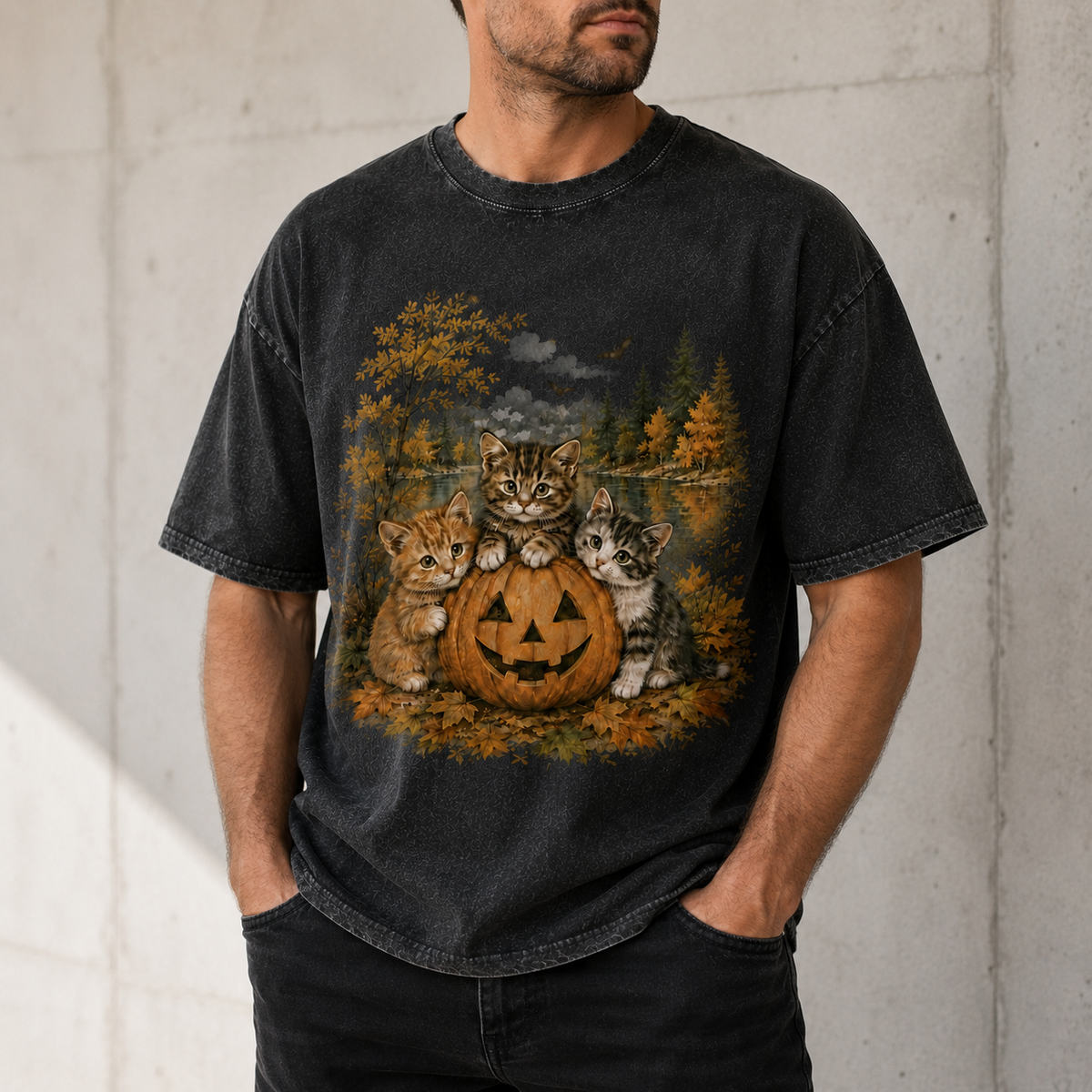 Vintage Halloween Kittens & Pumpkin Graphic Tee