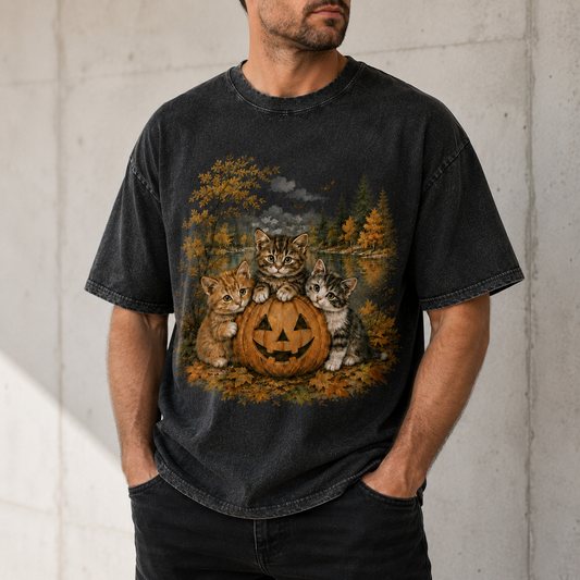 T-shirt vintage avec motif citrouille et chatons d'Halloween