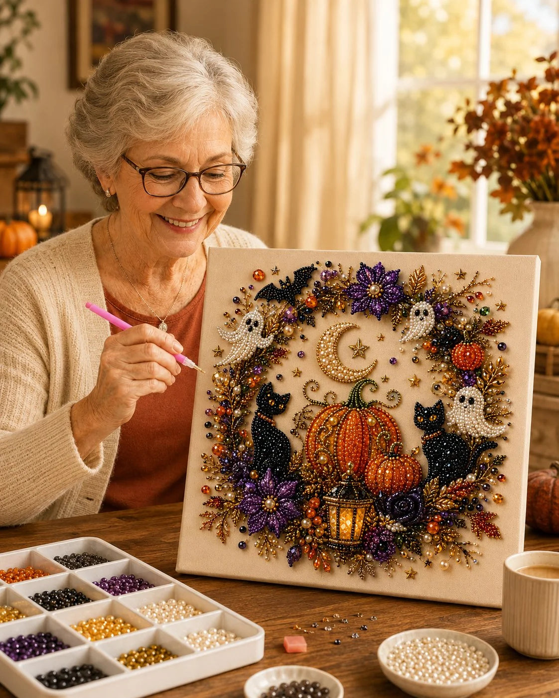 🎃 Set de bricolaj „Halloween Pearl Art” – Nu e nevoie de abilități de pictură, trebuie doar să potrivești și să așezi perlele.