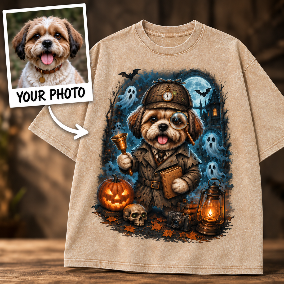 Custom Pet Haunted Detective T-Shirt – Personalized From Your Photo