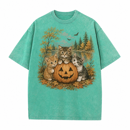 Vintage Halloween Kittens & Pumpkin Graphic Tee