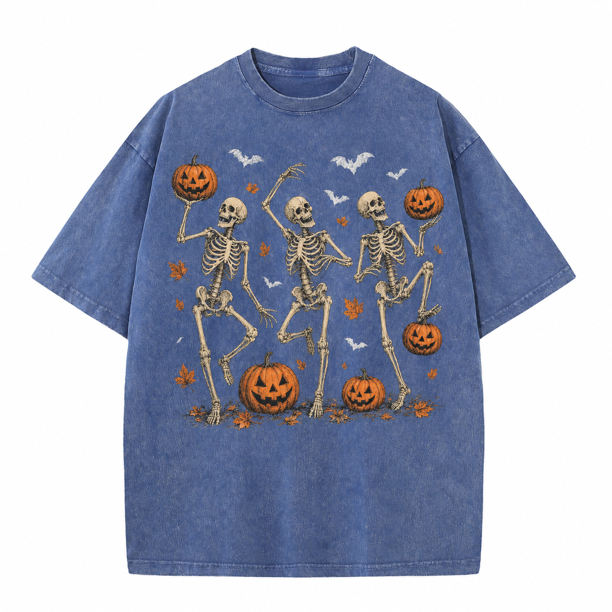 Vintage Wash Skeleton & Pumpkin Halloween Tee