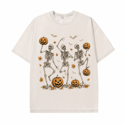 Vintage Wash Skeleton & Pumpkin Halloween Tee