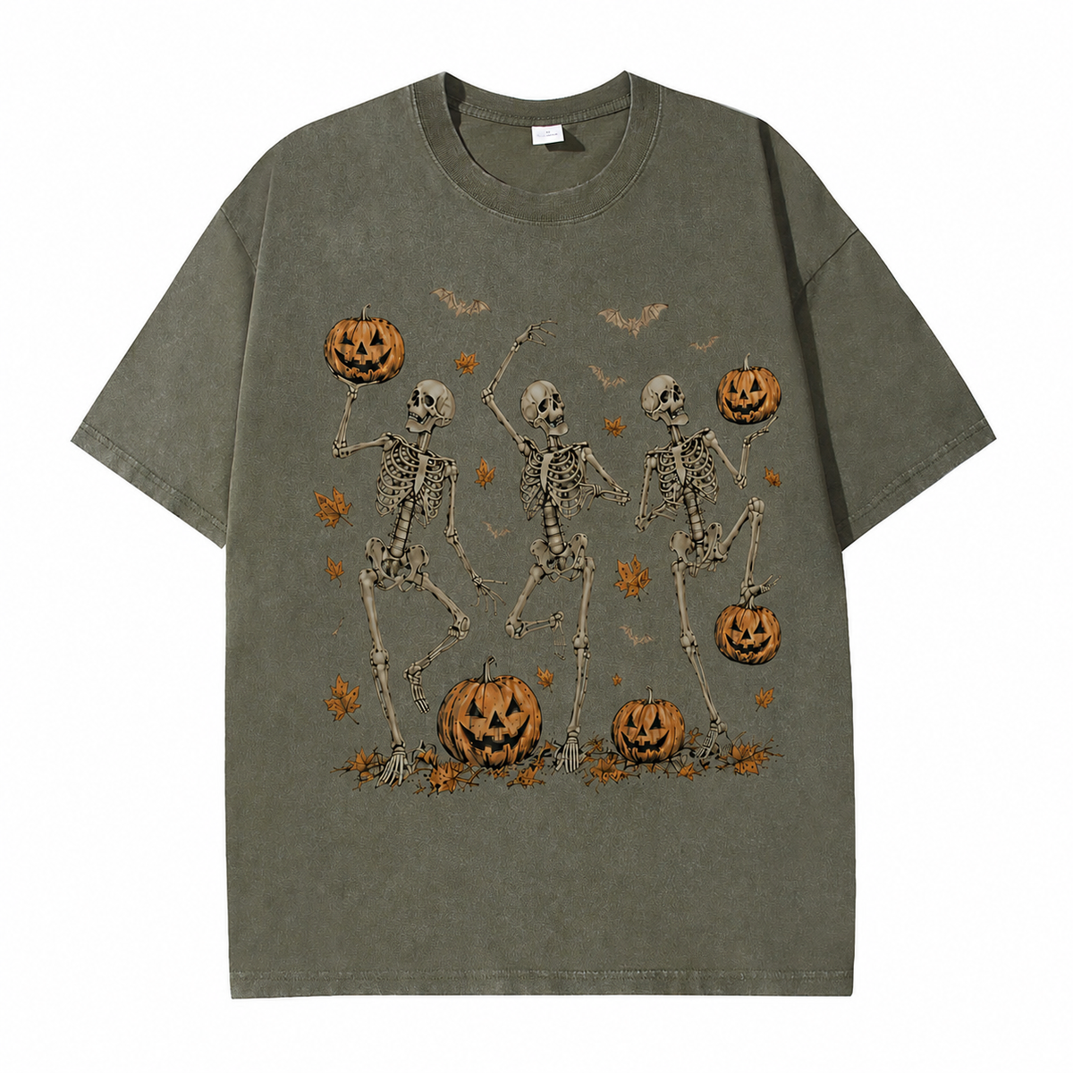Vintage Wash Skeleton & Pumpkin Halloween Tee