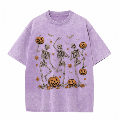 Vintage Wash Skeleton & Pumpkin Halloween Tee