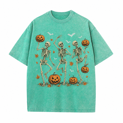 Vintage Wash Skeleton & Pumpkin Halloween Tee