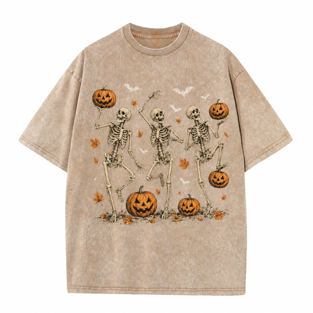 Vintage Wash Skeleton & Pumpkin Halloween Tee