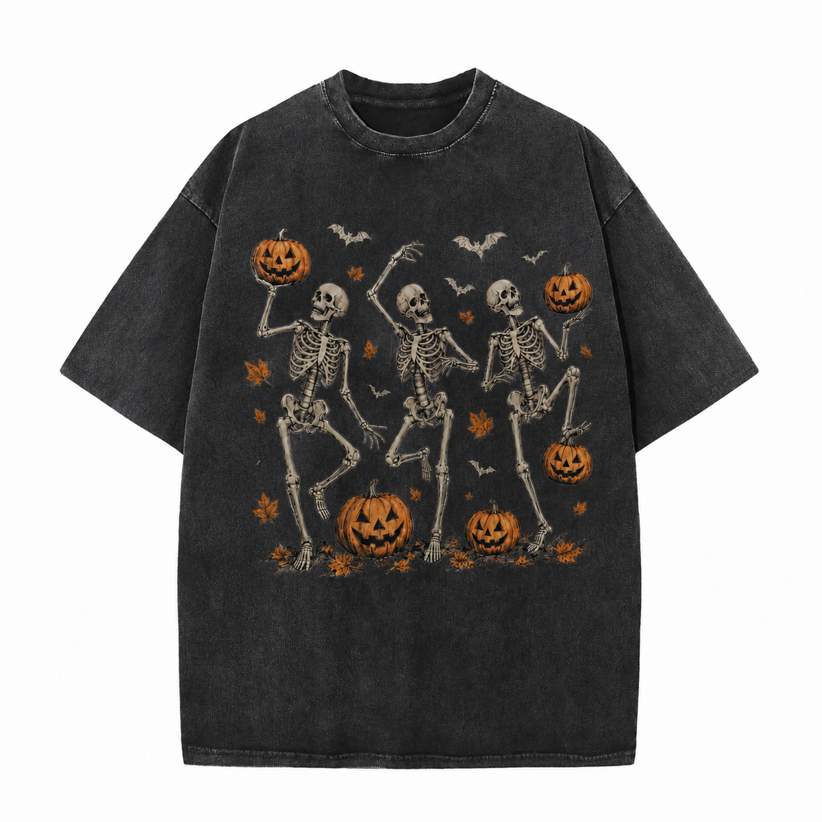 Vintage Wash Skeleton & Pumpkin Halloween Tee