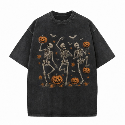Vintage Wash Skeleton & Pumpkin Halloween Tee