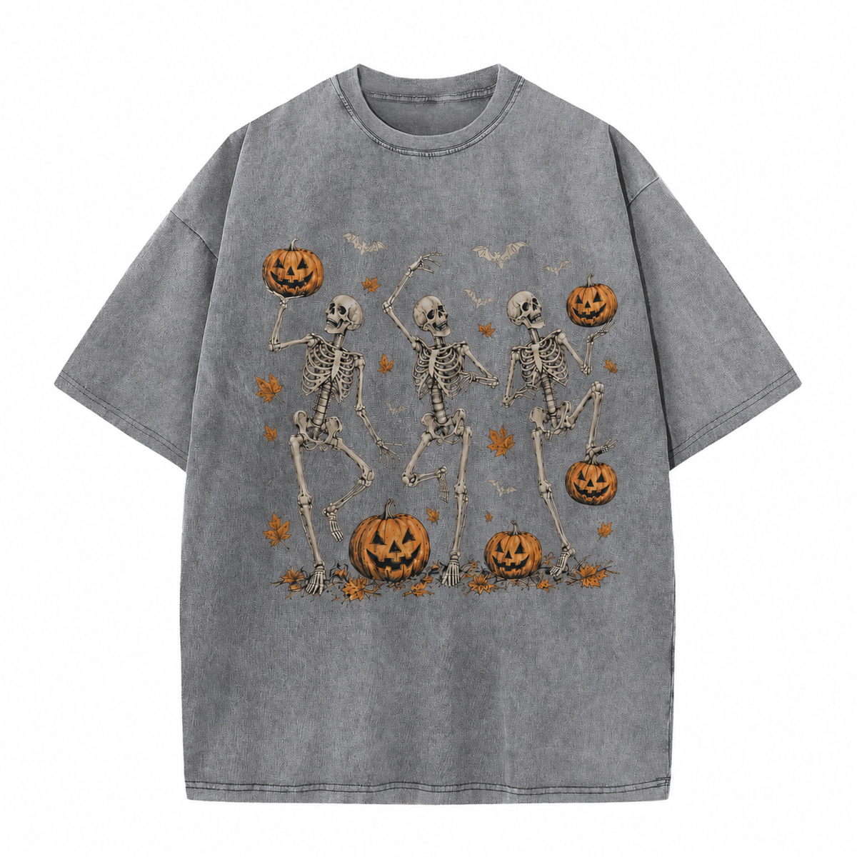 Vintage Wash Skeleton & Pumpkin Halloween Tee