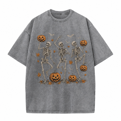 Vintage Wash Skeleton & Pumpkin Halloween Tee