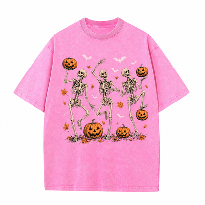 Vintage Wash Skeleton & Pumpkin Halloween Tee
