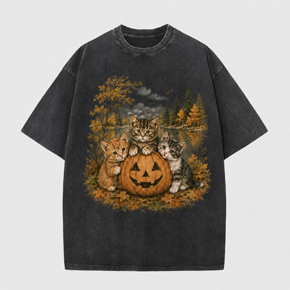 Vintage Halloween Kittens & Pumpkin Graphic Tee